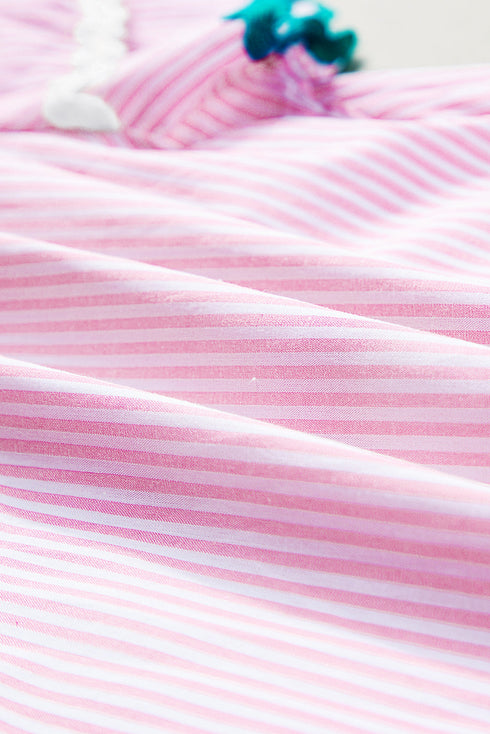 Stripe Ricrac Trim Split Neck Striped Ruffled Sleeve Blouse